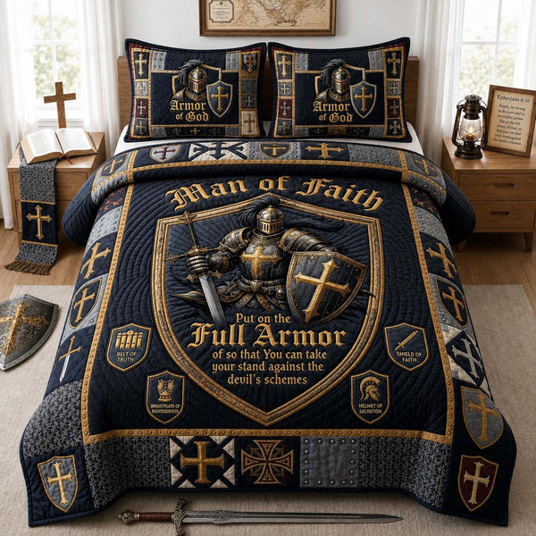 Warrior Stained Glass quilted 3-piece bedding set on a made bed with two matching pillow shams