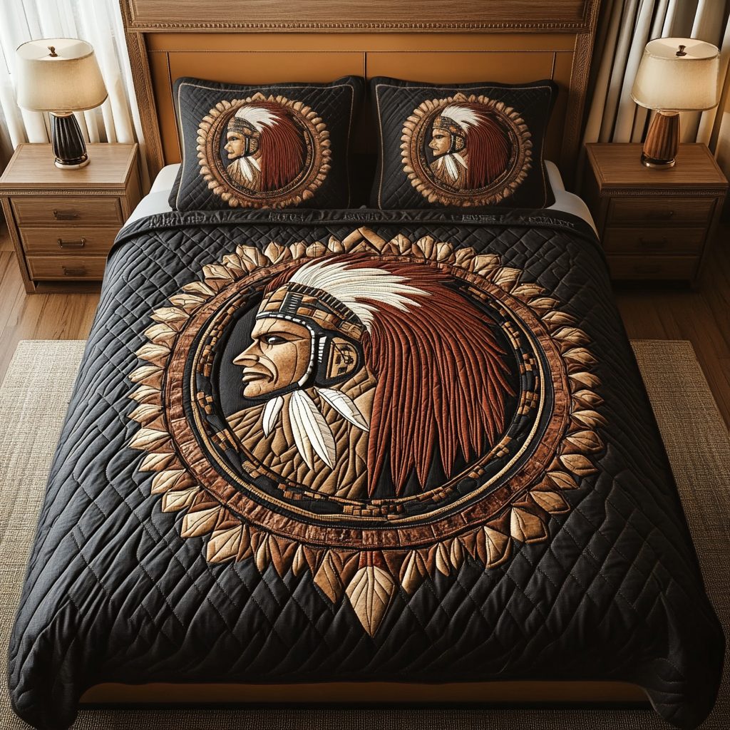 Warriors Courage quilted 3-piece bedding set on a made bed with two matching pillow shams
