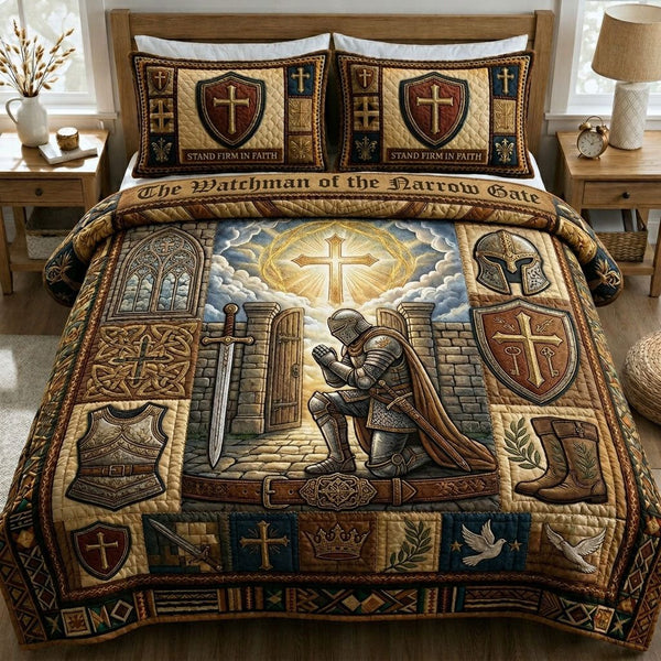 Watchman Of Narow Gate quilted 3-piece bedding set on a made bed with two matching pillow shams