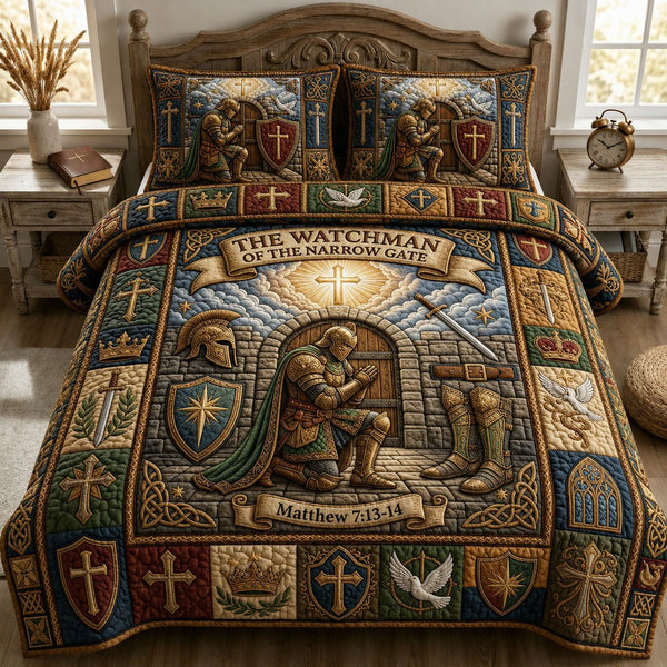 Watchman Of Narow Gate quilted 3-piece bedding set on a made bed with two matching pillow shams