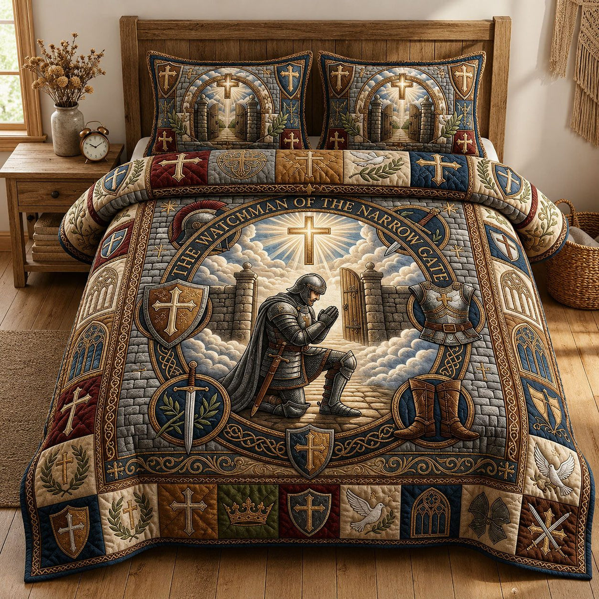 Watchman Of Narow Gate quilted 3-piece bedding set on a made bed with two matching pillow shams