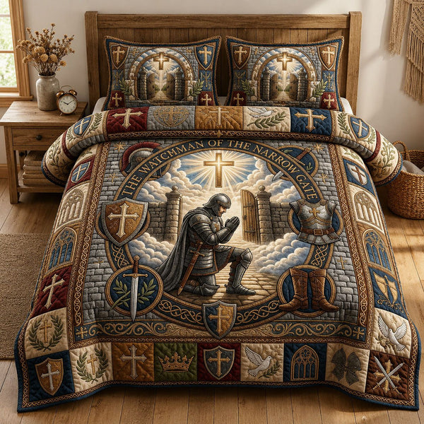 Watchman Of Narow Gate quilted 3-piece bedding set on a made bed with two matching pillow shams