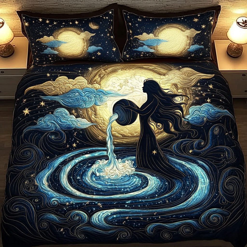 Water Bearer quilted 3-piece bedding set on a made bed with two matching pillow shams