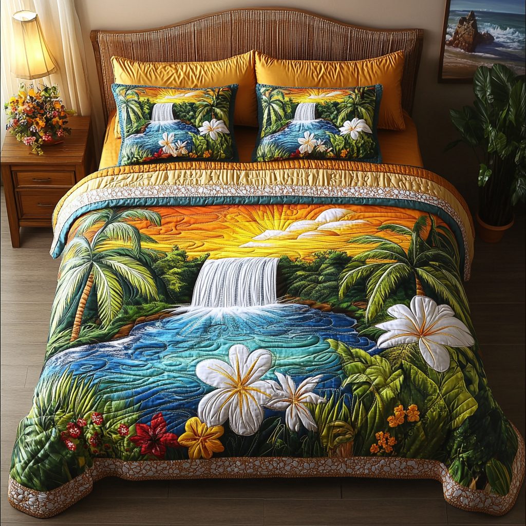 Water Eden quilted 3-piece bedding set on a made bed with two matching pillow shams