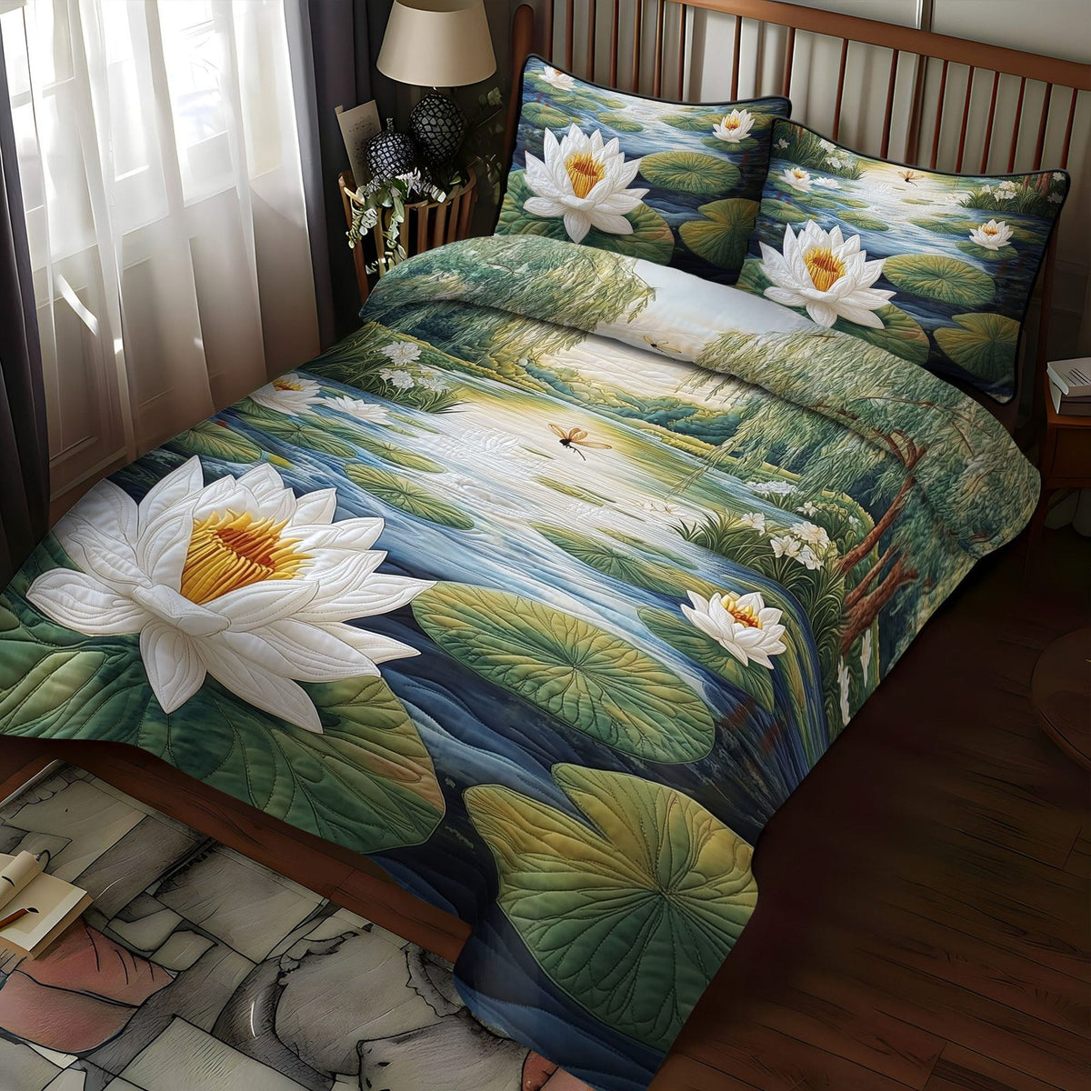 Water Petals quilted 3-piece bedding set on a made bed with two matching pillow shams
