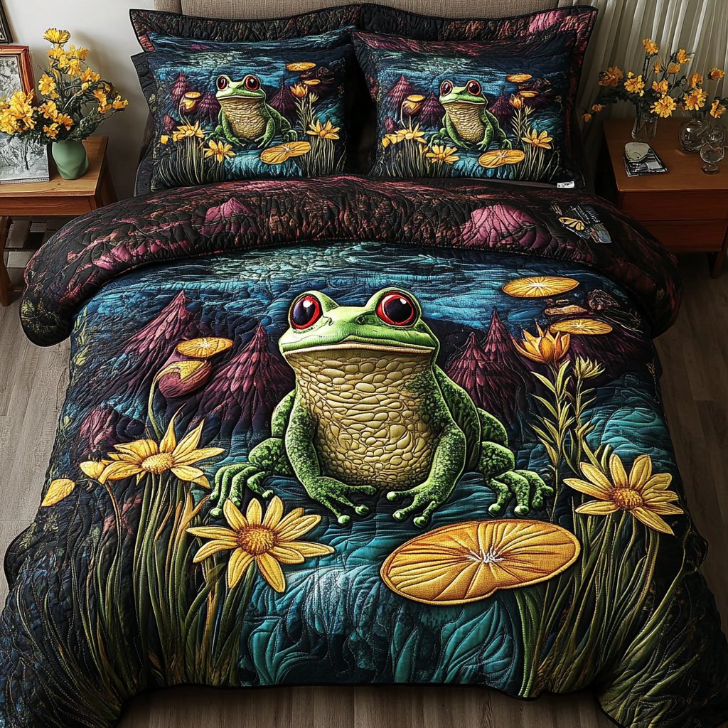 Water Whispers quilted 3-piece bedding set on a made bed with two matching pillow shams