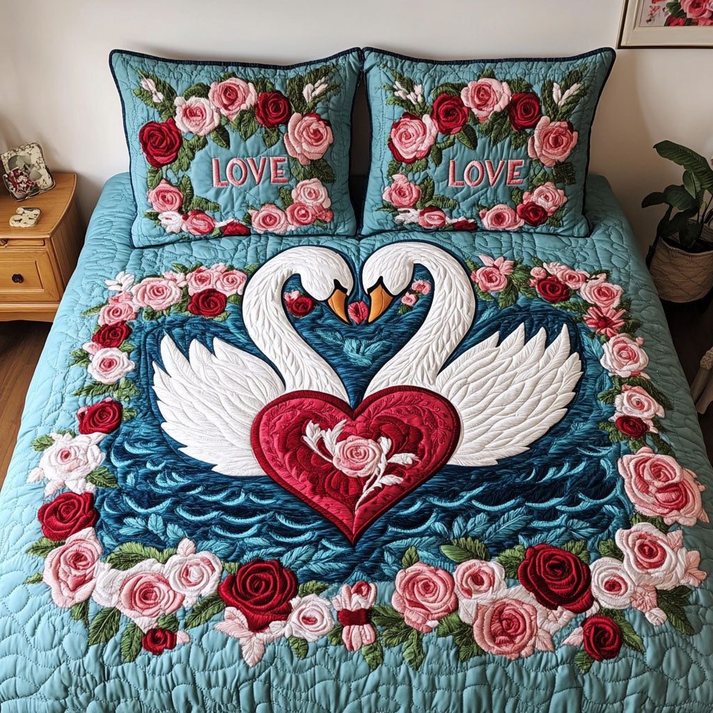 Waterborne Romance quilted 3-piece bedding set on a made bed with two matching pillow shams