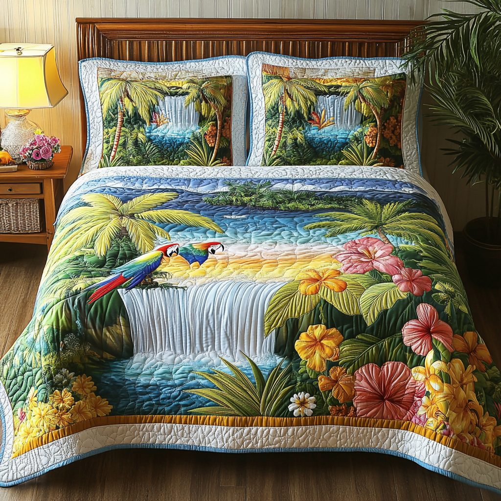 Waterfall Bliss quilted 3-piece bedding set on a made bed with two matching pillow shams
