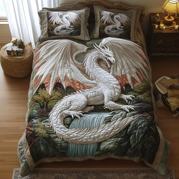 Waterfall Dragon quilted 3-piece bedding set on a made bed with two matching pillow shams