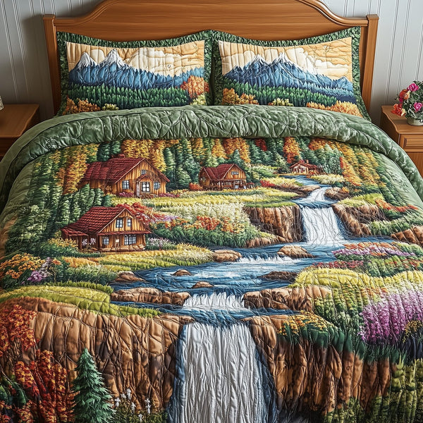 Waterfalls Heaven quilted 3-piece bedding set on a made bed in a softly lit bedroom