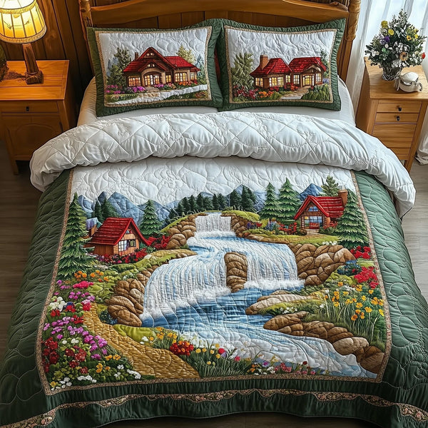 Waterfalls Heaven quilted 3-piece bedding set on a made bed in a softly lit bedroom