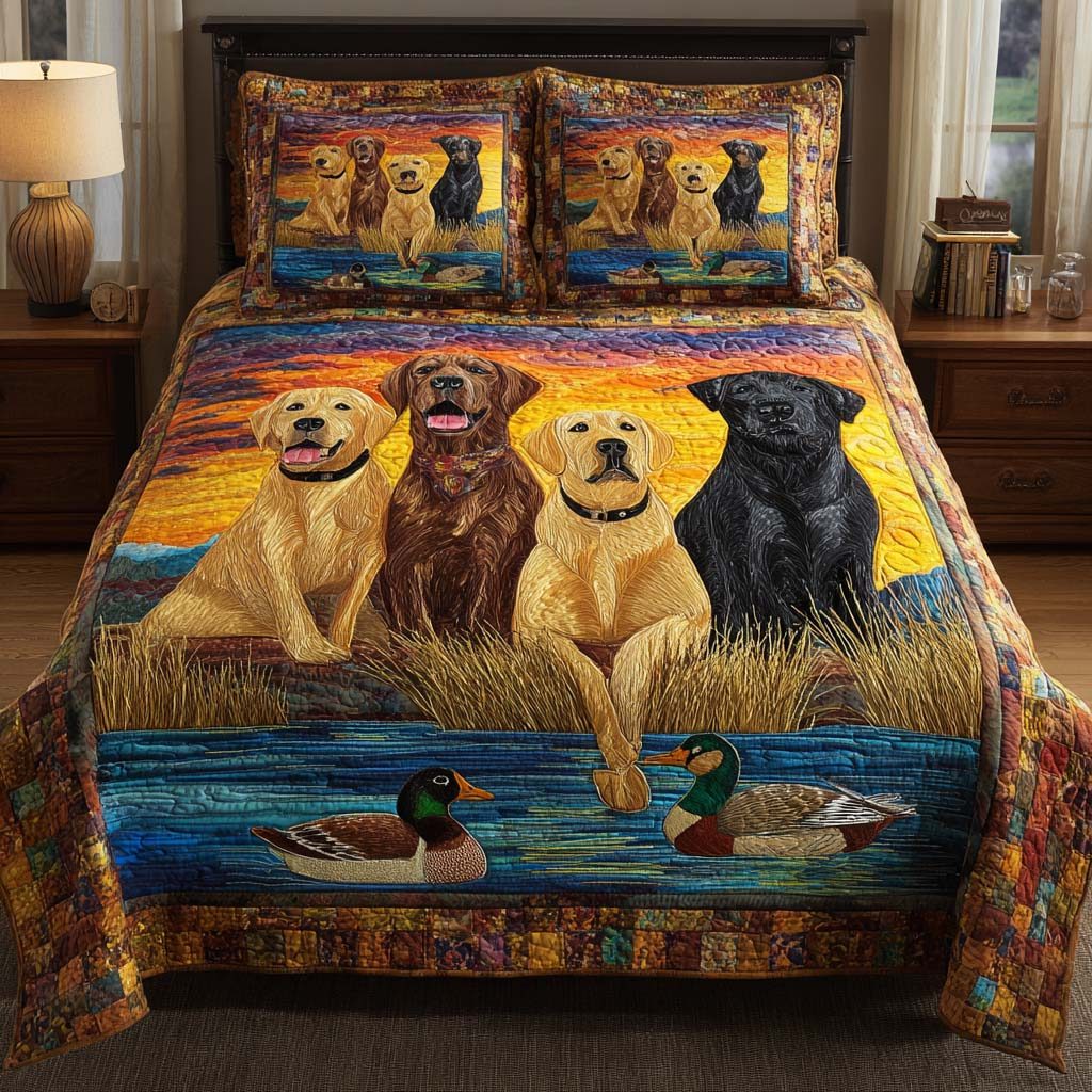 Waterfowl Lab quilted 3-piece bedding set on a made bed with two matching pillow shams