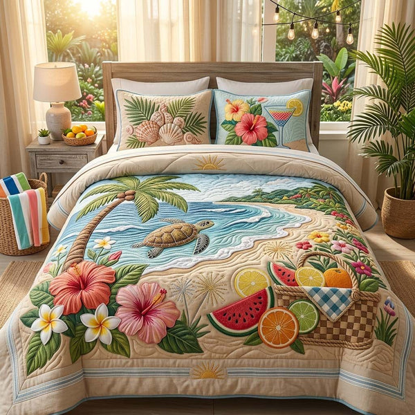 Watermelon Bliss quilted 3-piece bedding set on a made bed with two matching pillow shams