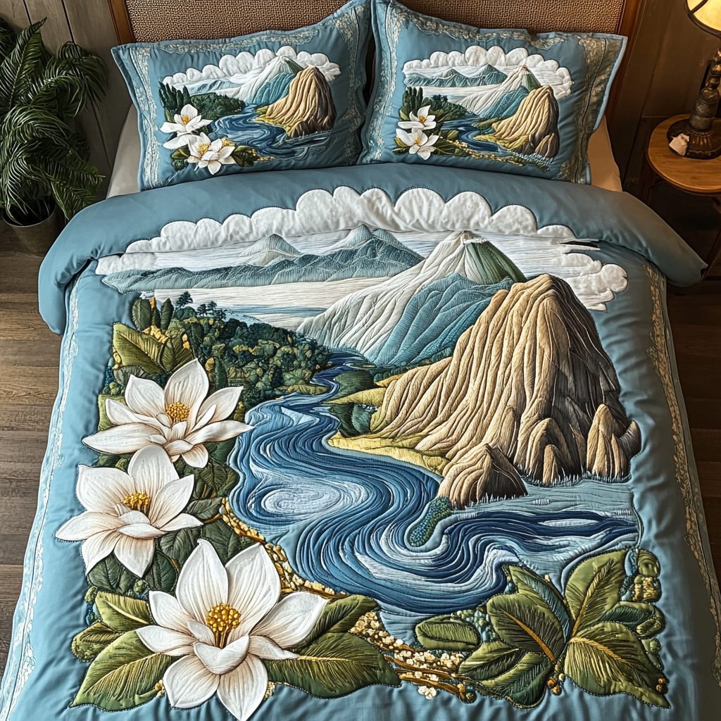 Waterside Bloom quilted 3-piece bedding set on a made bed with two matching pillow shams