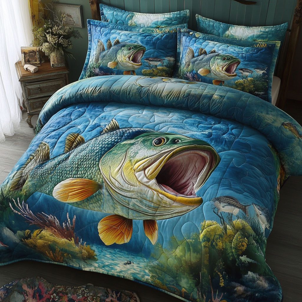 Waterside King quilted 3-piece bedding set on a made bed with two matching pillow shams