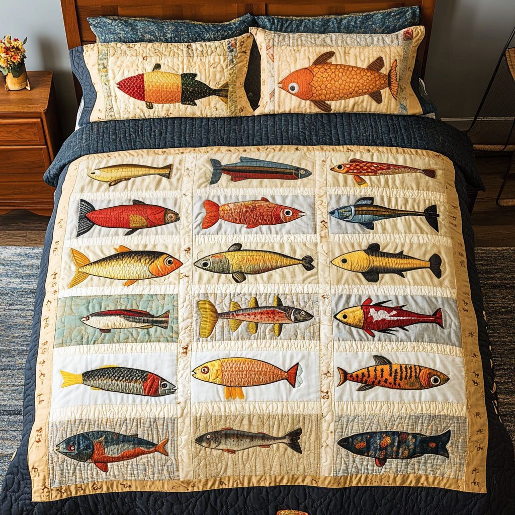Waterside Wonders quilted 3-piece bedding set on a made bed with two matching pillow shams