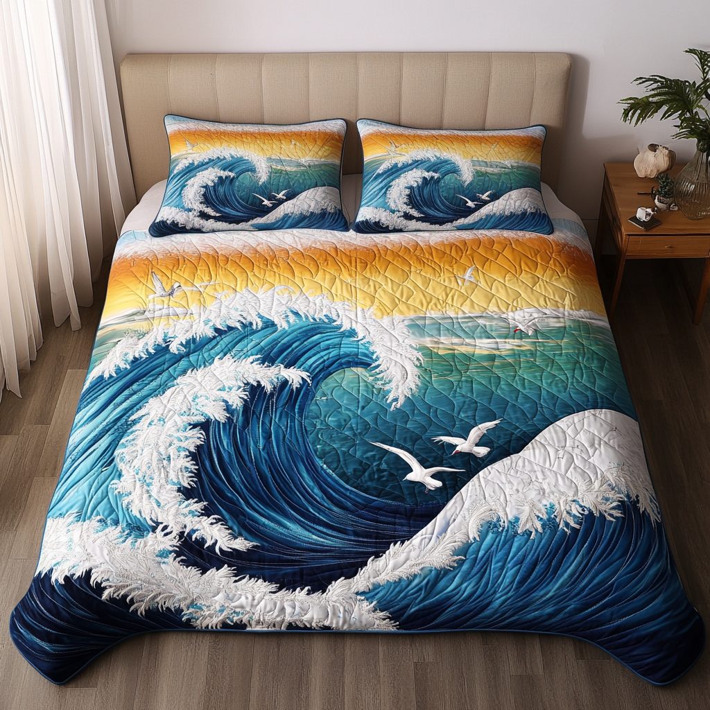 Wave Bliss quilted 3-piece bedding set on a made bed in a light coastal bedroom