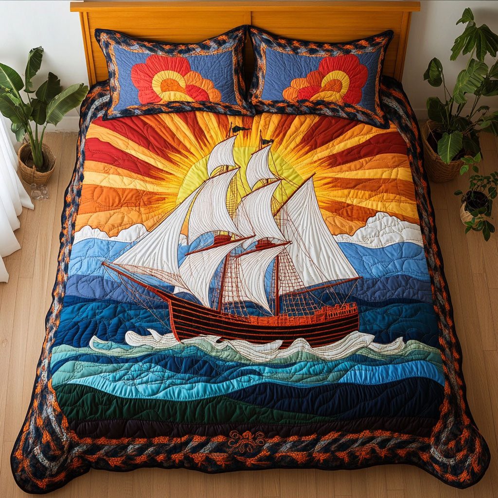Wave Crest Comfort quilted 3-piece bedding set on a made bed in a light coastal bedroom