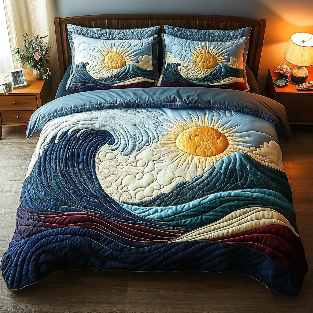 Wave Dance quilted 3-piece bedding set on a made bed in a light coastal bedroom
