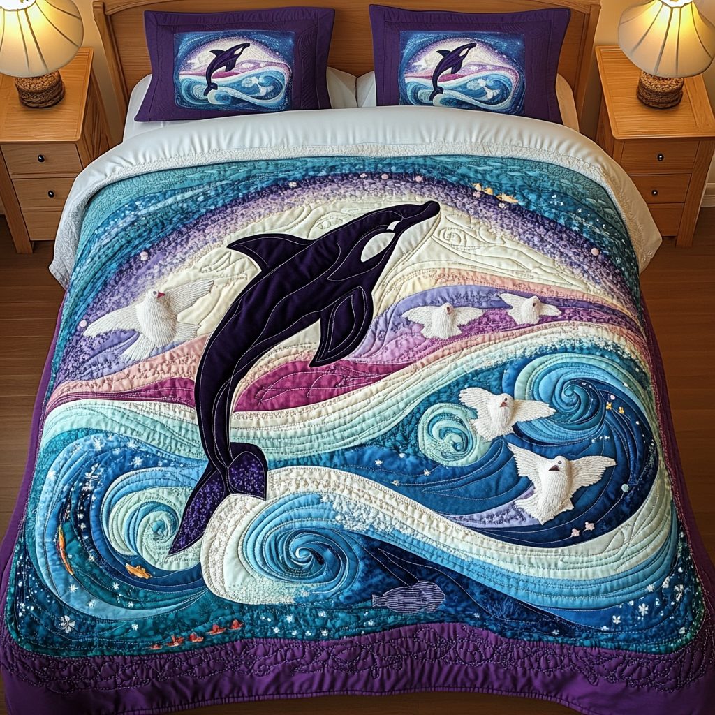 Wave Dancer quilted 3-piece bedding set on a made bed in a light coastal bedroom