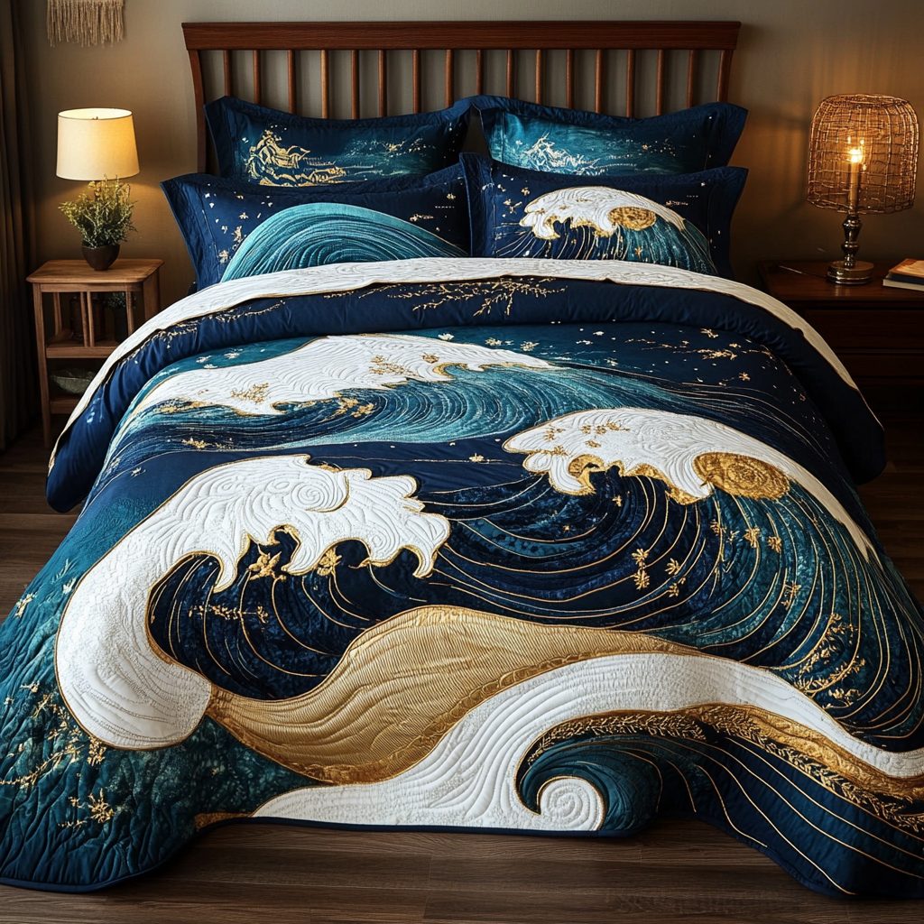 Wave Dreams quilted 3-piece bedding set on a made bed in a light coastal bedroom