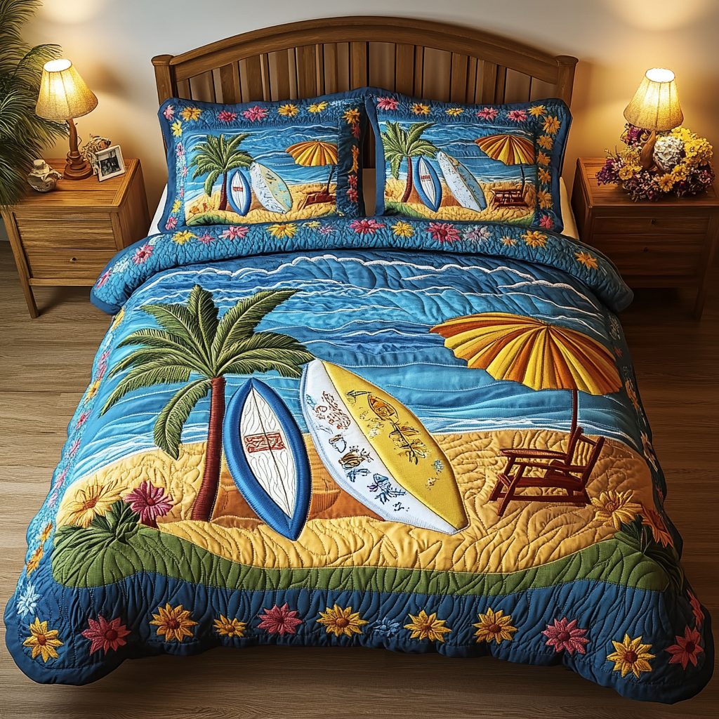 Wave Escape quilted 3-piece bedding set on a made bed in a light coastal bedroom