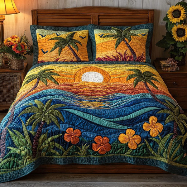 Wave Garden quilted 3-piece bedding set on a made bed in a light coastal bedroom