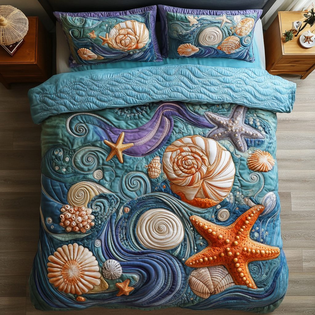 Wave Harmony quilted 3-piece bedding set on a made bed in a light coastal bedroom