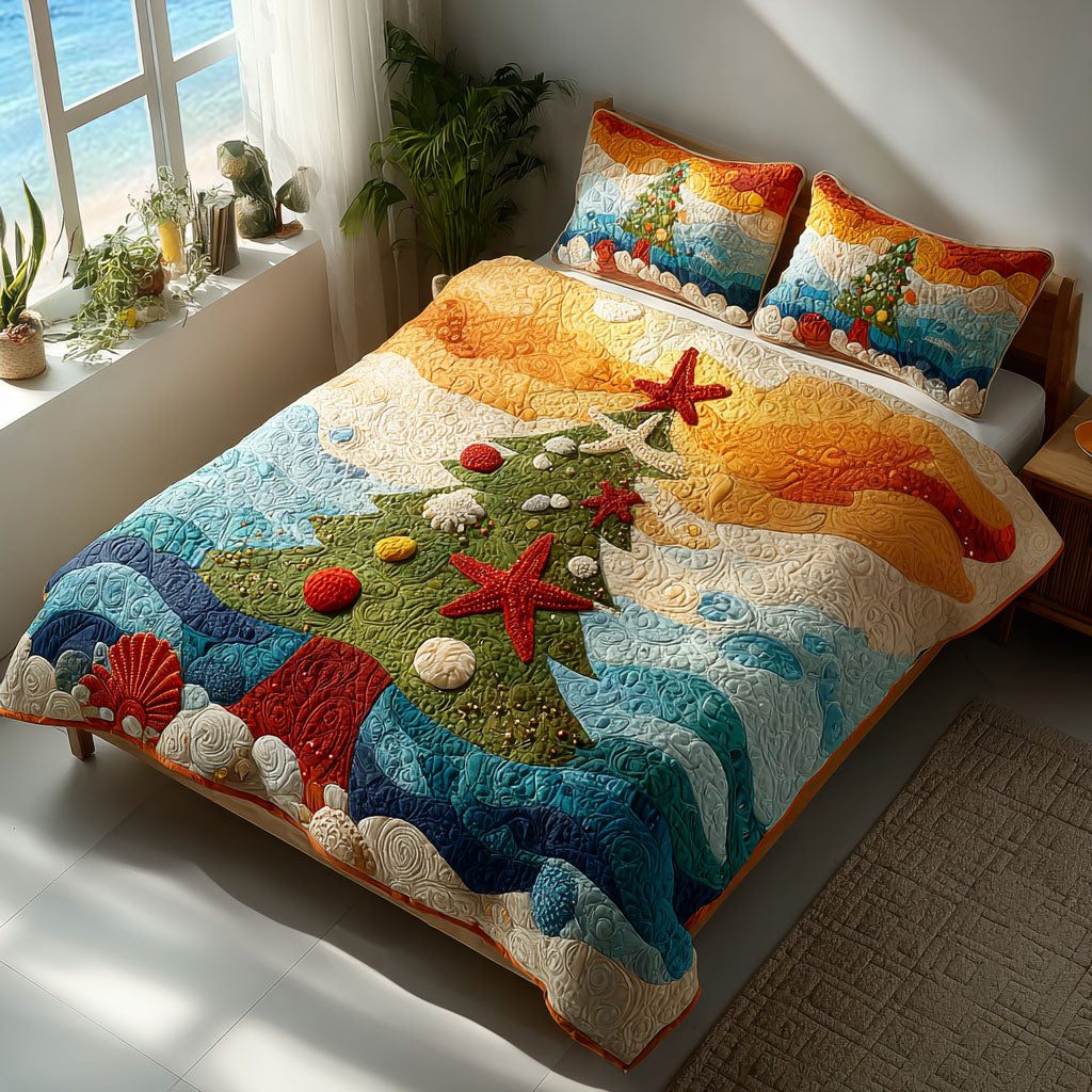 Wave of Joy quilted 3-piece bedding set on a made bed in a light coastal bedroom