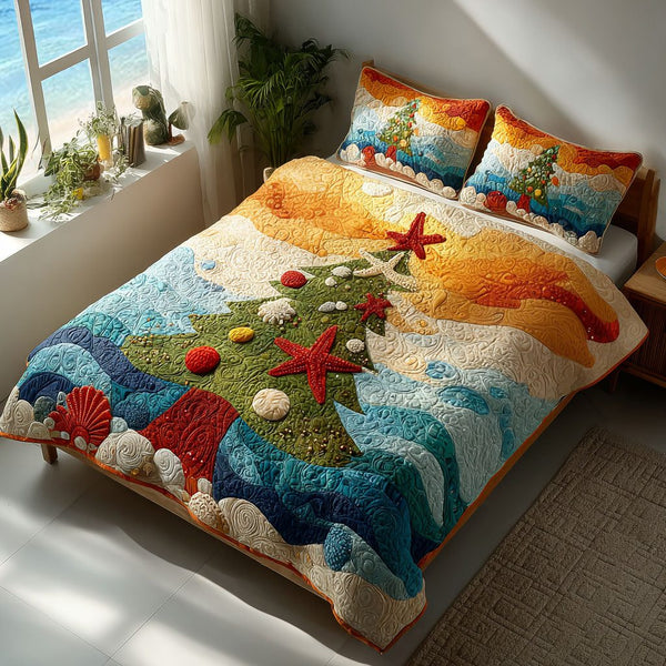 Wave of Joy quilted 3-piece bedding set on a made bed in a light coastal bedroom