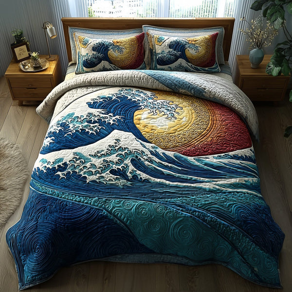 Wave quilted 3-piece bedding set on a made bed in a light coastal bedroom
