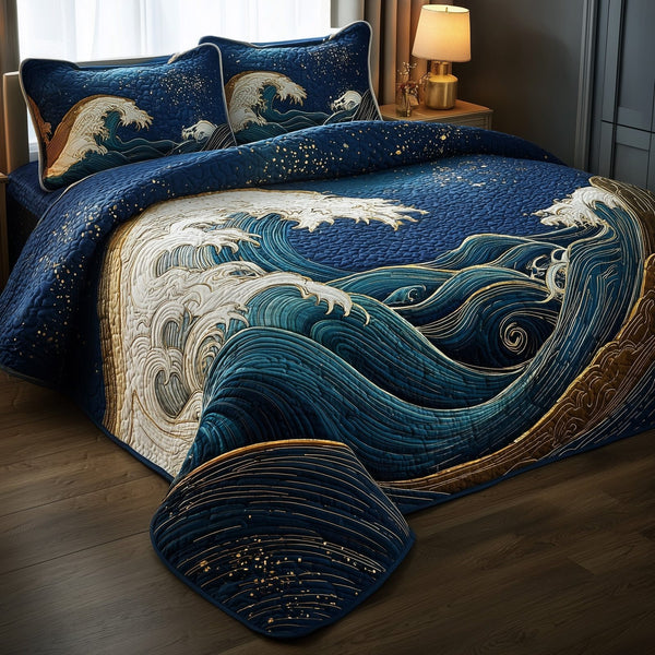 Wave quilted 3-piece bedding set on a made bed in a light coastal bedroom