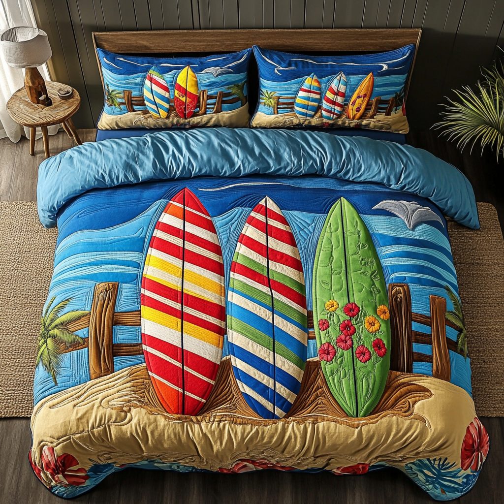 Wave Rider quilted 3-piece bedding set on a made bed in a light coastal bedroom