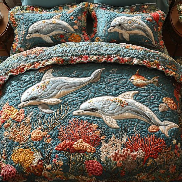 Wave Rider quilted 3-piece bedding set on a made bed in a light coastal bedroom