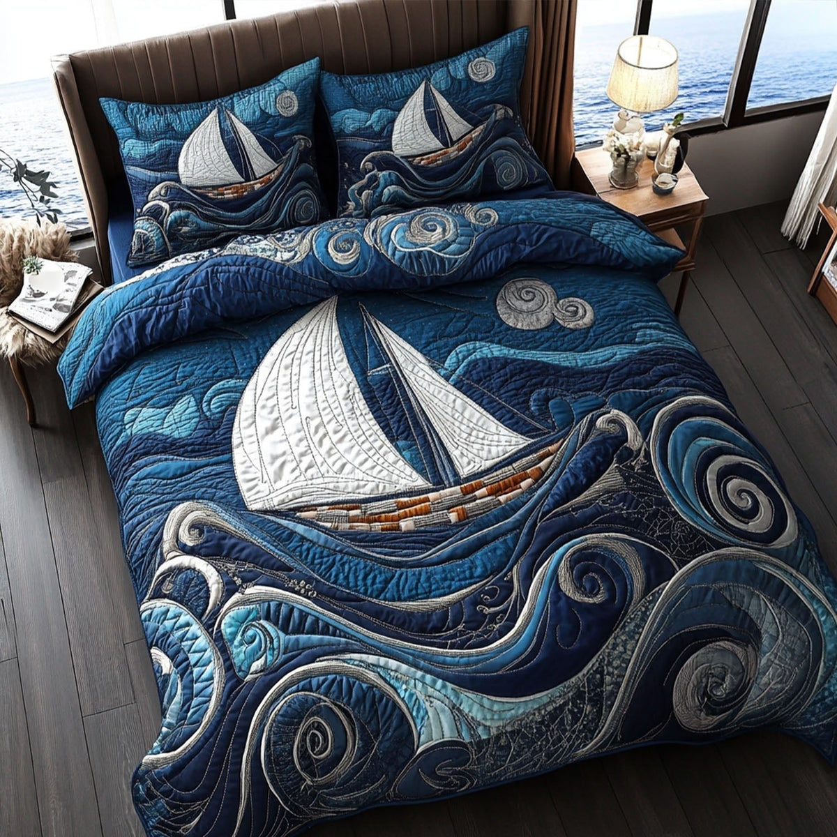 Wave Rider quilted 3-piece bedding set on a made bed in a light coastal bedroom