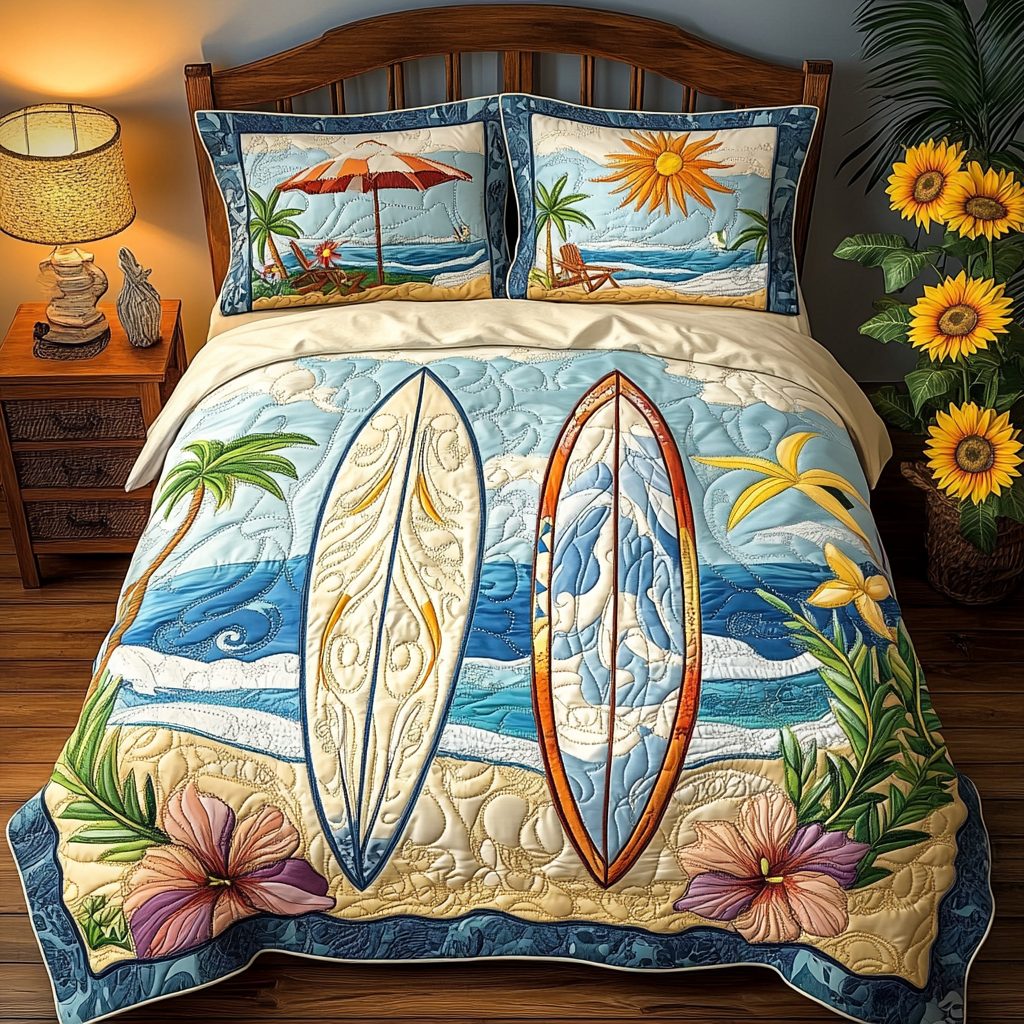 Wave Rider quilted 3-piece bedding set on a made bed in a light coastal bedroom