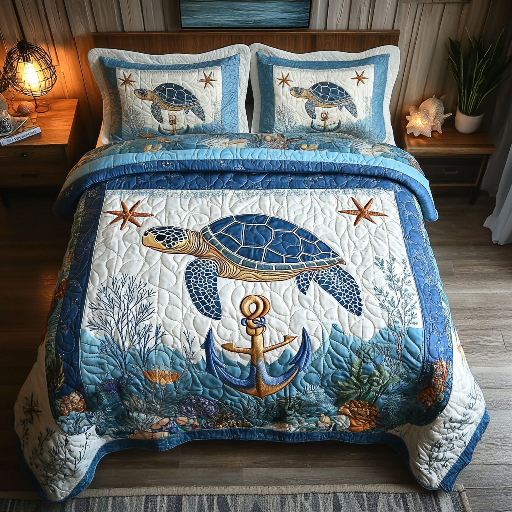 Wave Rider Turtles quilted 3-piece bedding set on a made bed in a light coastal bedroom