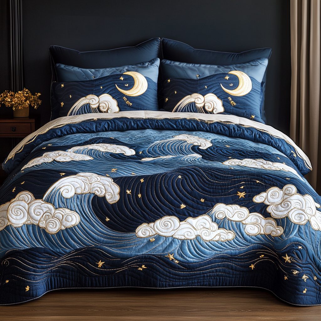 Wave Serenade quilted 3-piece bedding set on a made bed in a light coastal bedroom