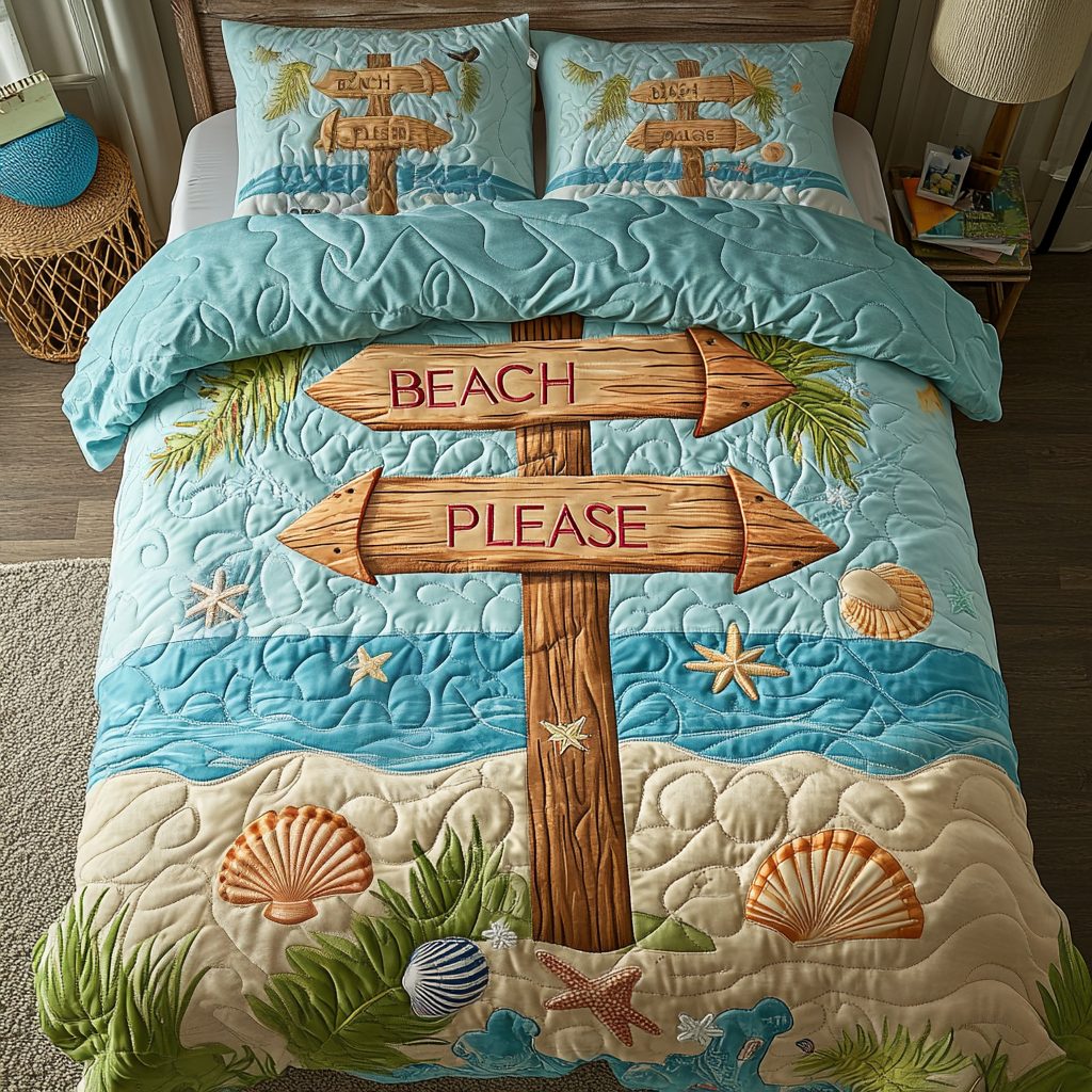 Wave Whisper quilted 3-piece bedding set on a made bed in a light coastal bedroom