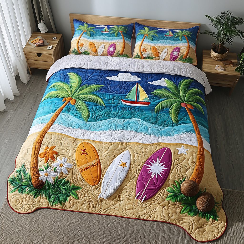 Wave Whisper quilted 3-piece bedding set on a made bed in a light coastal bedroom