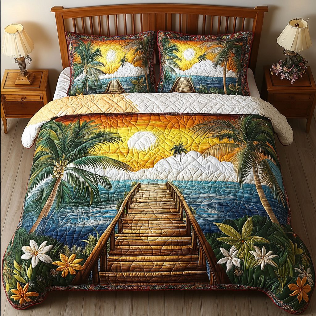 Wave Whisper quilted 3-piece bedding set on a made bed in a light coastal bedroom