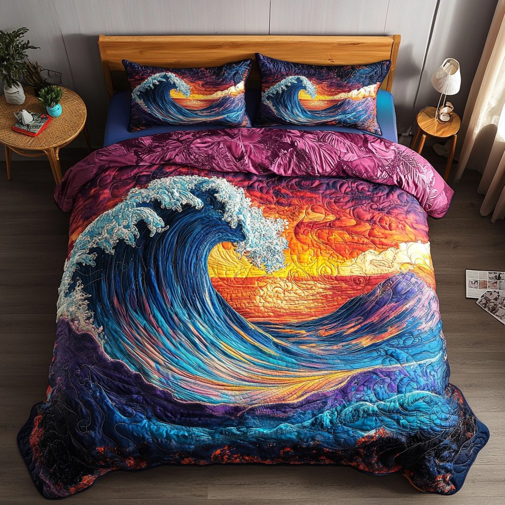 Wavecrest Wonders quilted 3-piece bedding set on a made bed with two matching pillow shams