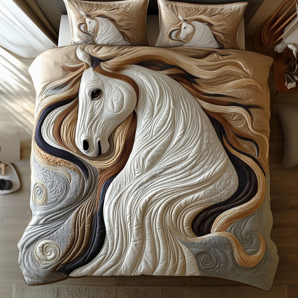 Waves and Hooves quilted 3-piece bedding set on a made bed in a light coastal bedroom