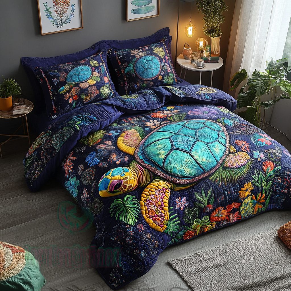 Waves and Wander quilted 3-piece bedding set on a made bed in a light coastal bedroom