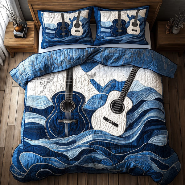 Waves Of Guitar quilted 3-piece bedding set on a made bed in a light coastal bedroom