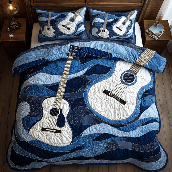 Waves Of Guitar quilted 3-piece bedding set on a made bed in a light coastal bedroom