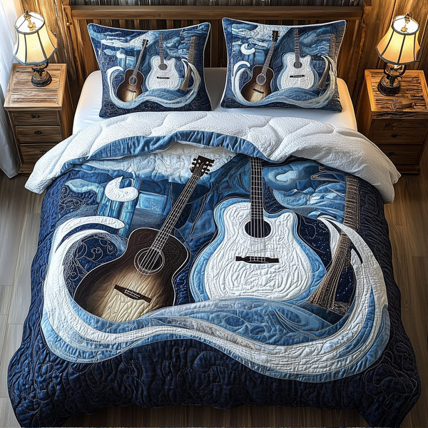Waves Of Guitar quilted 3-piece bedding set on a made bed in a light coastal bedroom