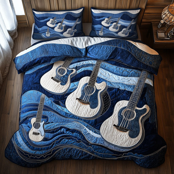 Waves Of Guitar quilted 3-piece bedding set on a made bed in a light coastal bedroom