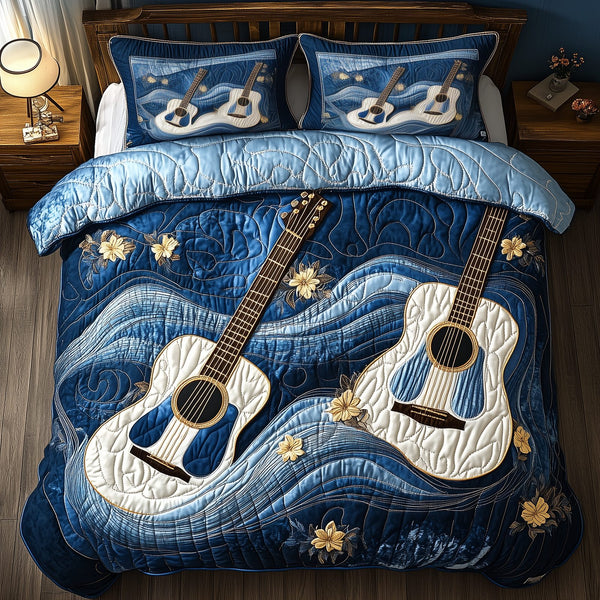 Waves Of Guitar quilted 3-piece bedding set on a made bed in a light coastal bedroom