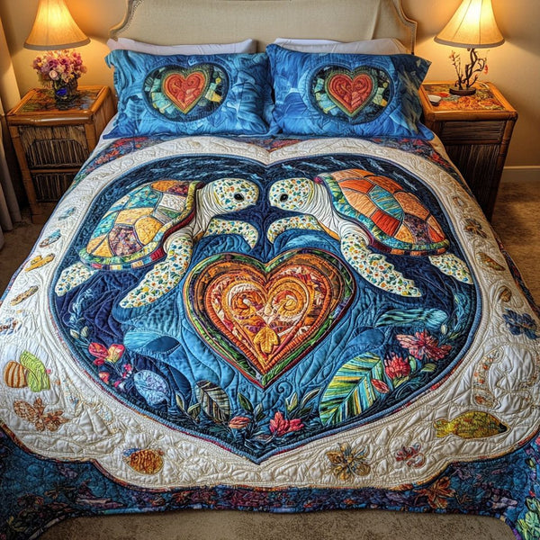 Waves of Love quilted 3-piece bedding set on a made bed in a light coastal bedroom
